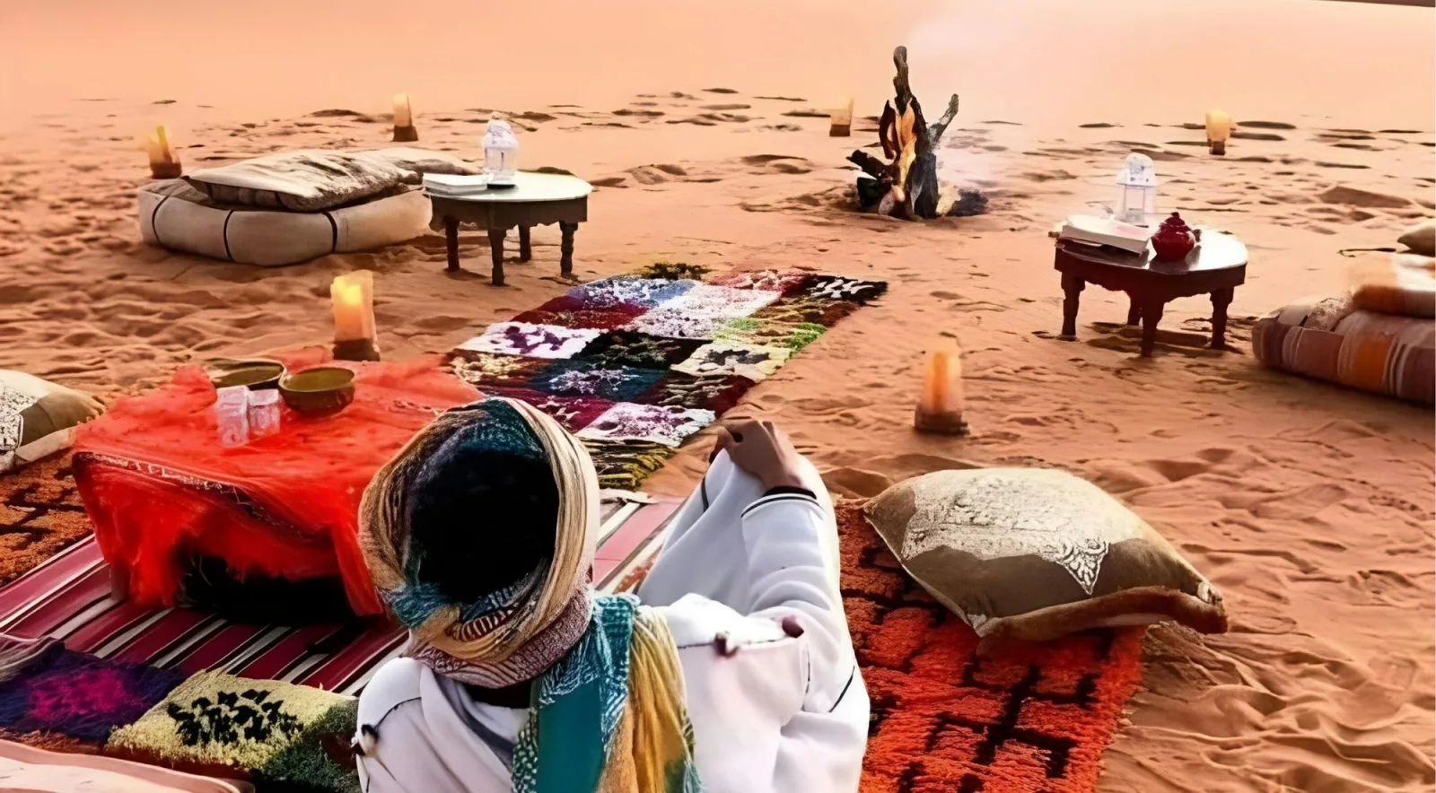 Rugs, low tables and a fire laid out at a Sahara desert camp