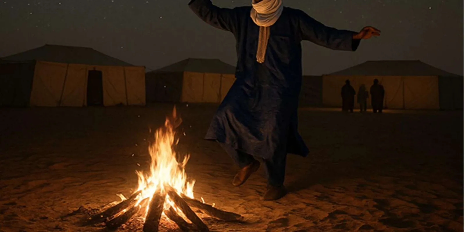A guide by the fire at a desert camp after dark